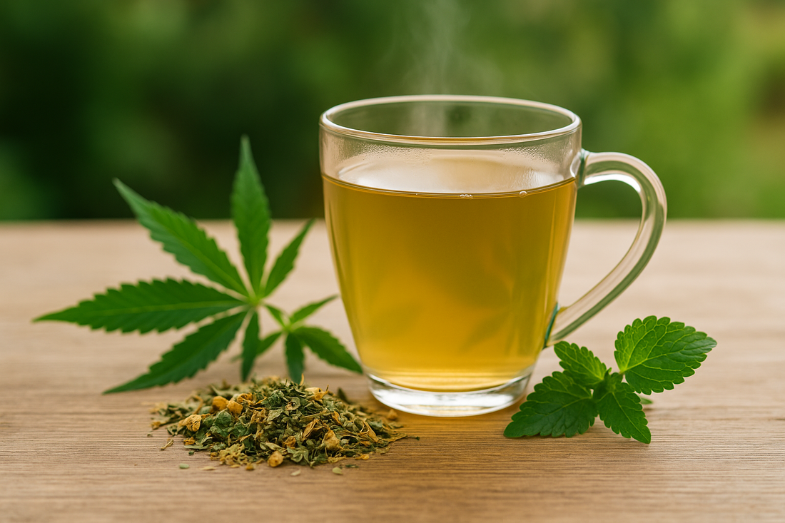 Infusión de CBD con cáñamo, manzanilla, menta y semillas de cáñamo sobre fondo natural. Texto: Infusiones de CBD para dormir, relajarte o reducir el estrés