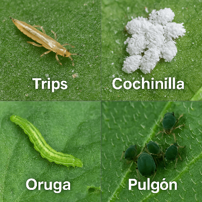 Planta con hojas afectadas por cochinilla y araña roja