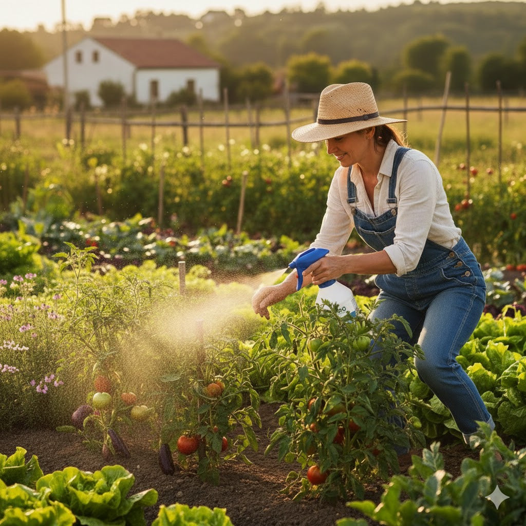 Tratamiento de plagas en huerto urbano con pulverizador y bacillus thuringiensis Turi L