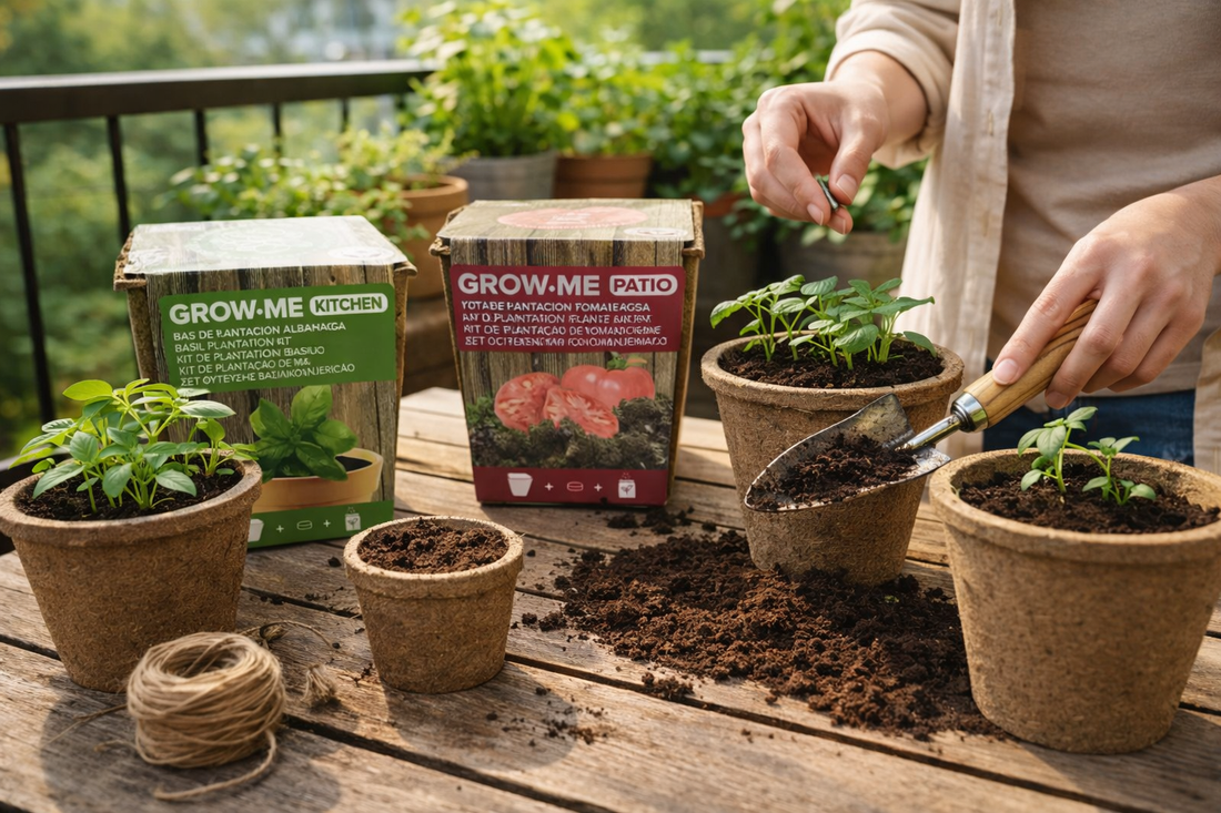 Kits de cultivo Grow Me Kitchen en uso con plantas creciendo en macetas biodegradables