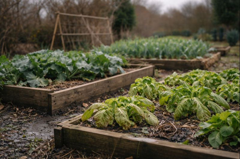 Plantas de huerto en invierno con signos leves de estrés vegetal por frío y humedad