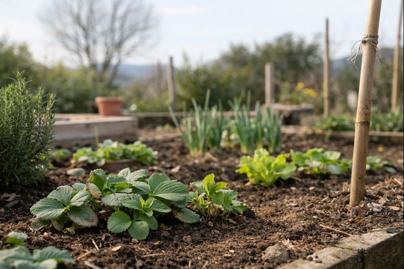 jardin de primavera con fresas y lechuga