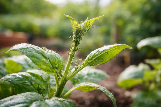 Brotes jóvenes con presencia temprana de pulgón en primavera
