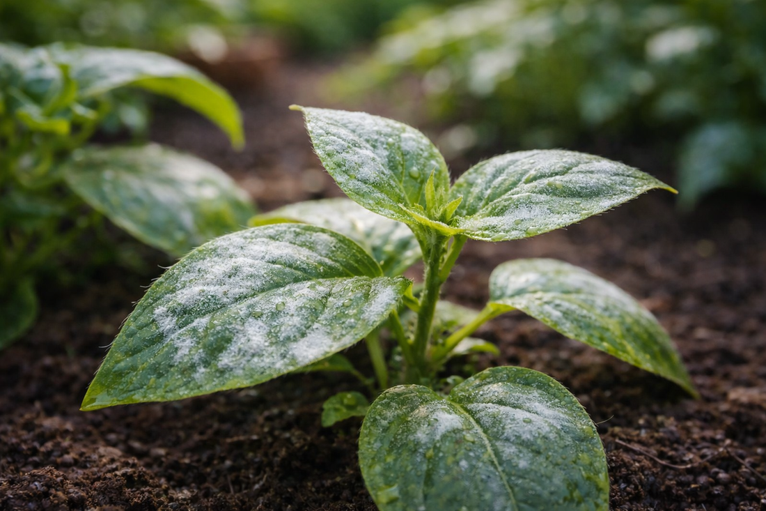 Hoja joven con presencia visible de oídio en primavera