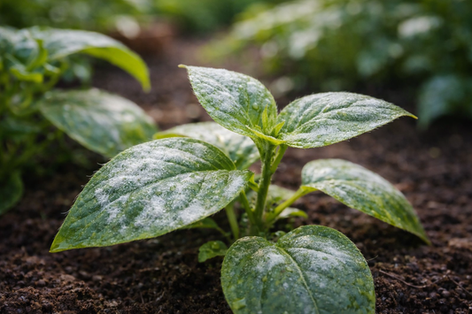 Hoja joven con presencia visible de oídio en primavera