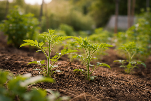 Brotes jóvenes de plantas de huerto a finales de invierno con inicio de crecimiento primaveral