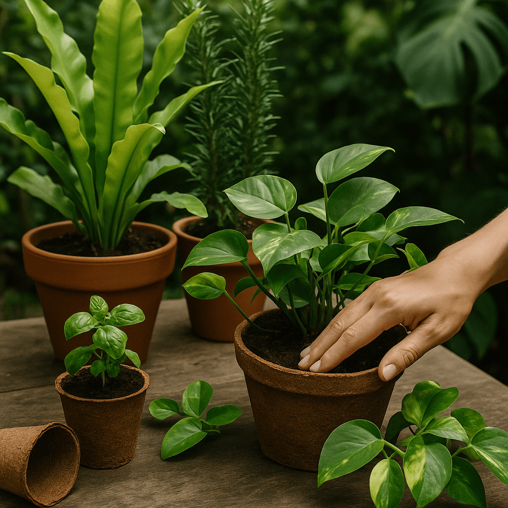 Mano de jardinero comprobando la tierra de una planta en maceta biodegradable, rodeada de plantas verdes en un jardín ecológico.