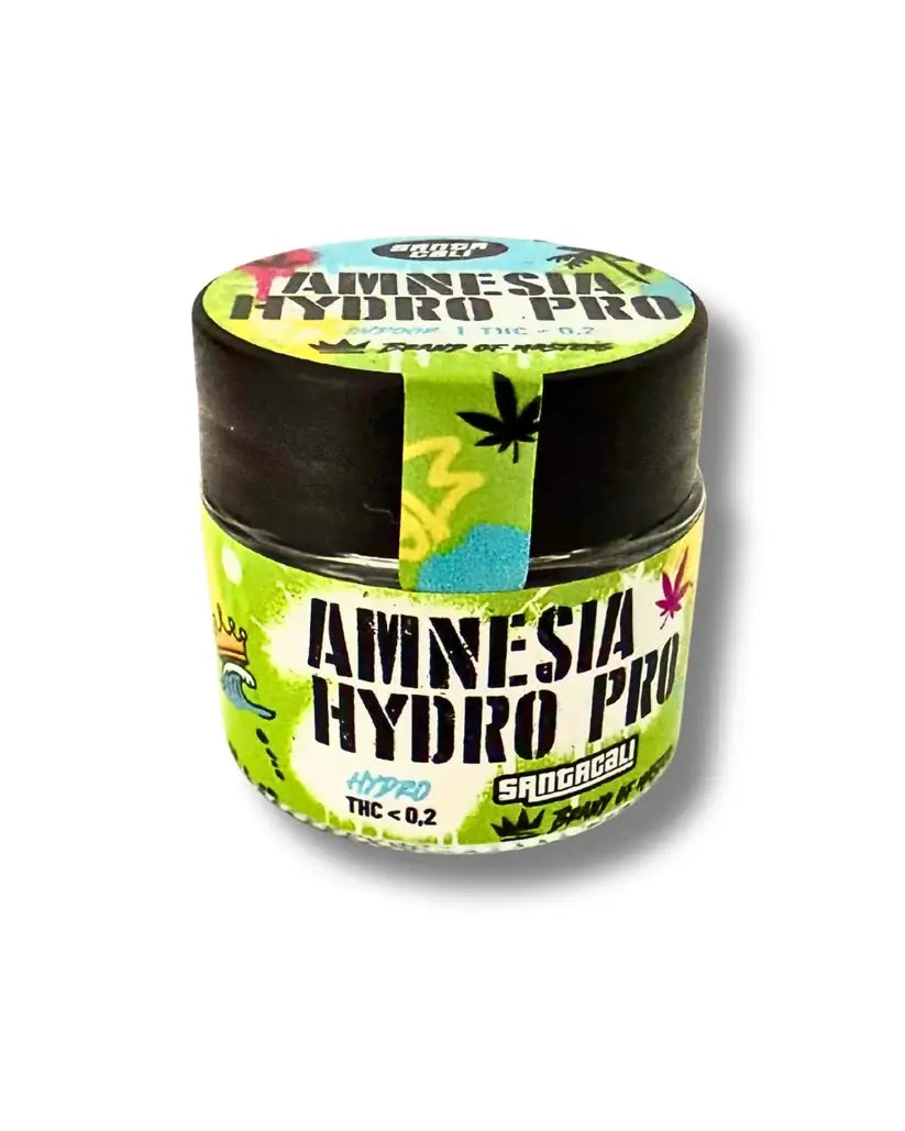 Bote de Amnesia Hy-Pro Hydro CBD Santa Cali, flor CBD premium estilo Haze
