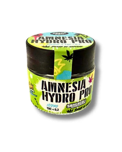 Bote de Amnesia Hy-Pro Hydro CBD Santa Cali, flor CBD premium estilo Haze
