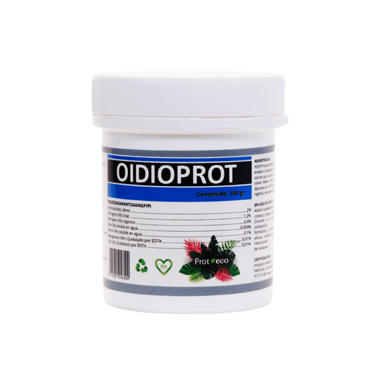Envase Oidioprot PROT‑ECO 100 g, fungicida en polvo contra oídio que nutre microflora beneficiosa
