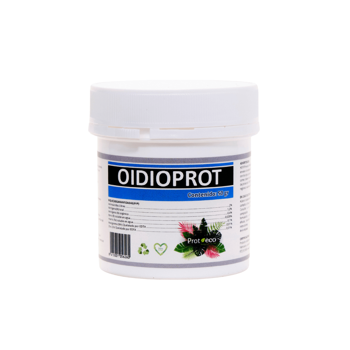 Envase Oidioprot PROT‑ECO 50 g, fungicida ecológico en polvo contra oídio con extractos microbianos
