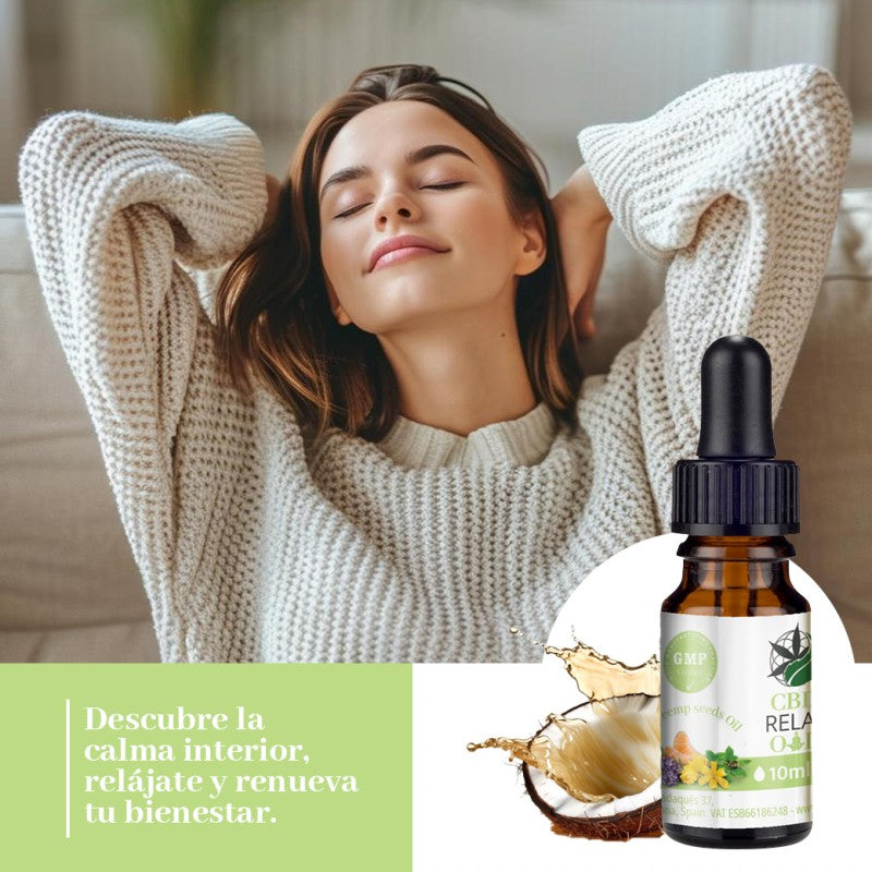 Mujer relajada disfrutando del bienestar con aceite Relax CBD 25% CBG 5%