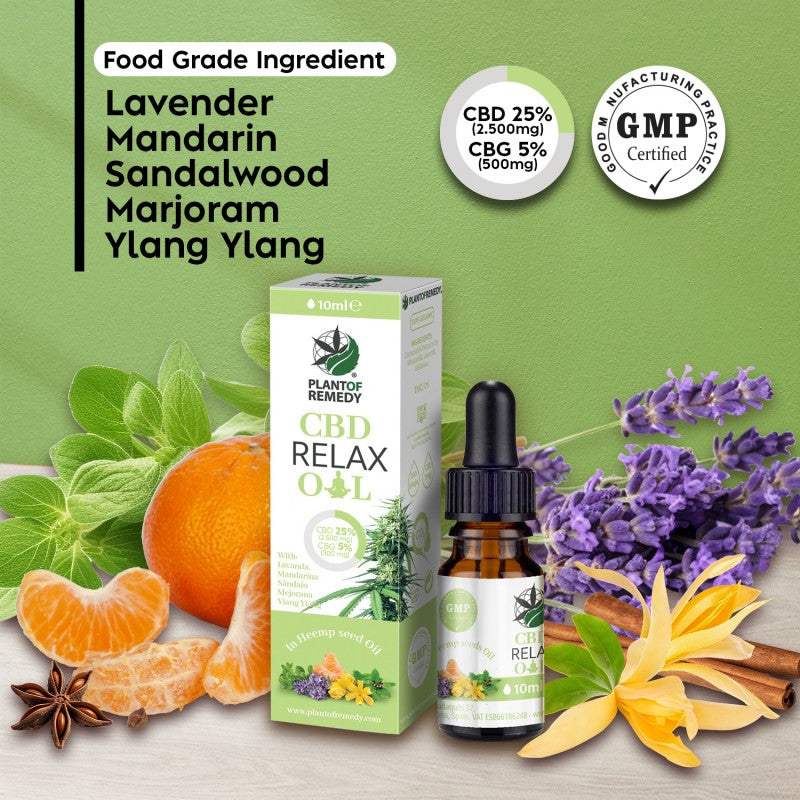 Aceite de CBD y CBG con ingredientes naturales lavanda, mandarina, sándalo y ylang ylang