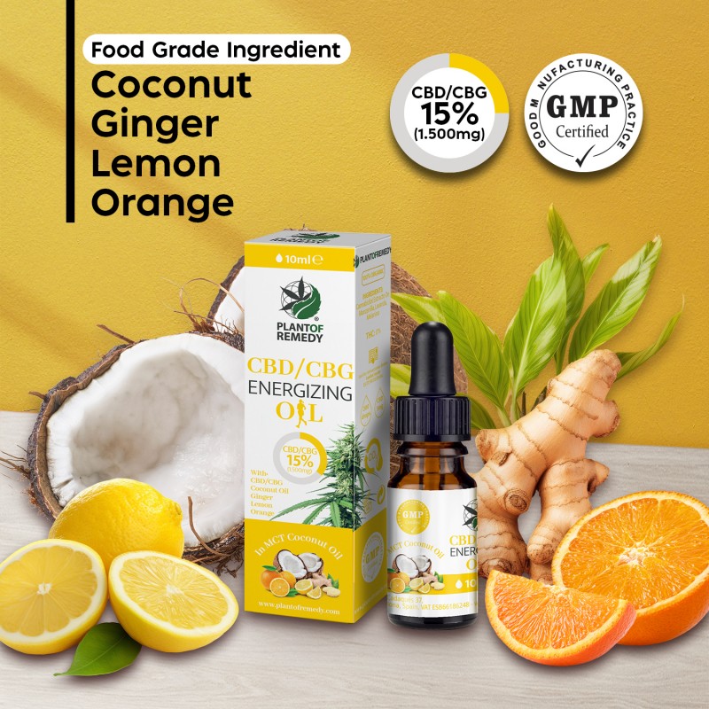 Aceite de coco con CBD y CBG de Plant of Remedy con ingredientes naturales: coco, jengibre, limón y naranja
