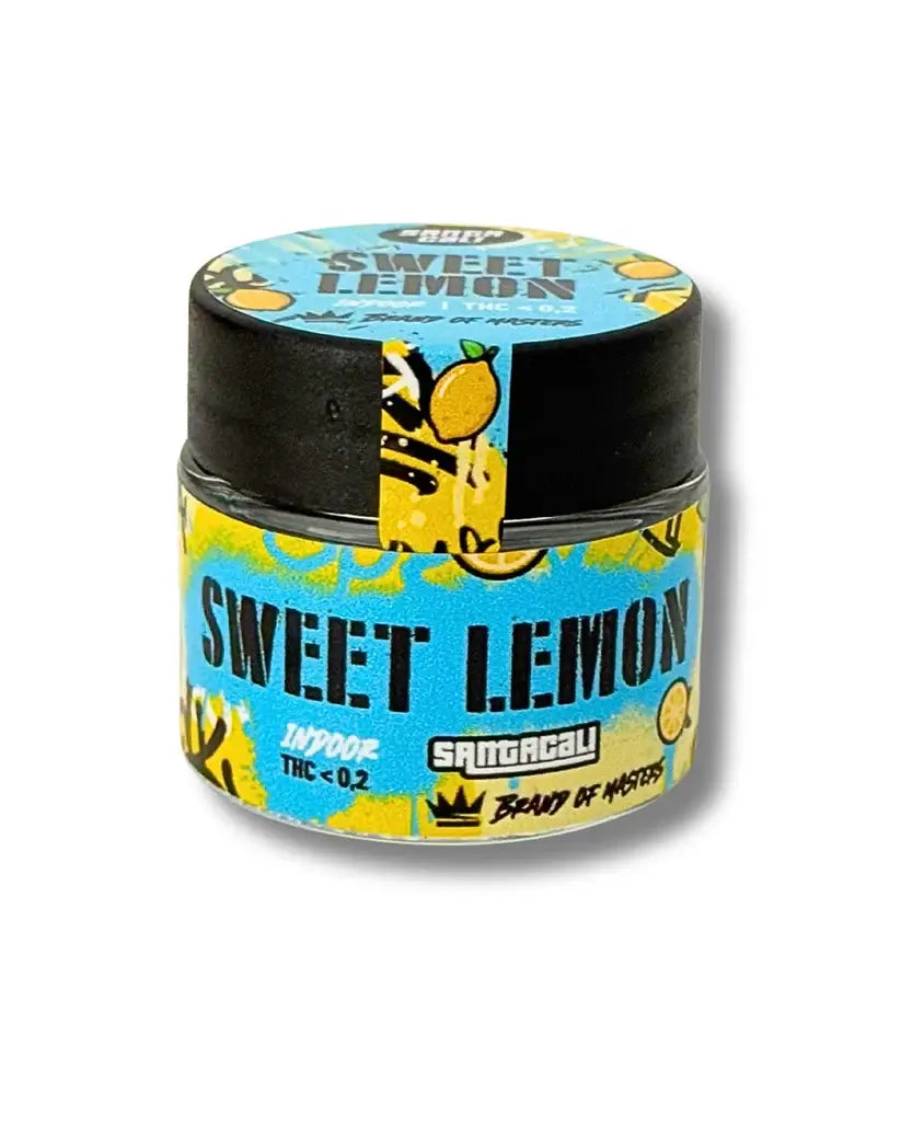 Bote de Sweet Lemon Indoor CBD Santa Cali, flor CBD premium dulce y cítrica
