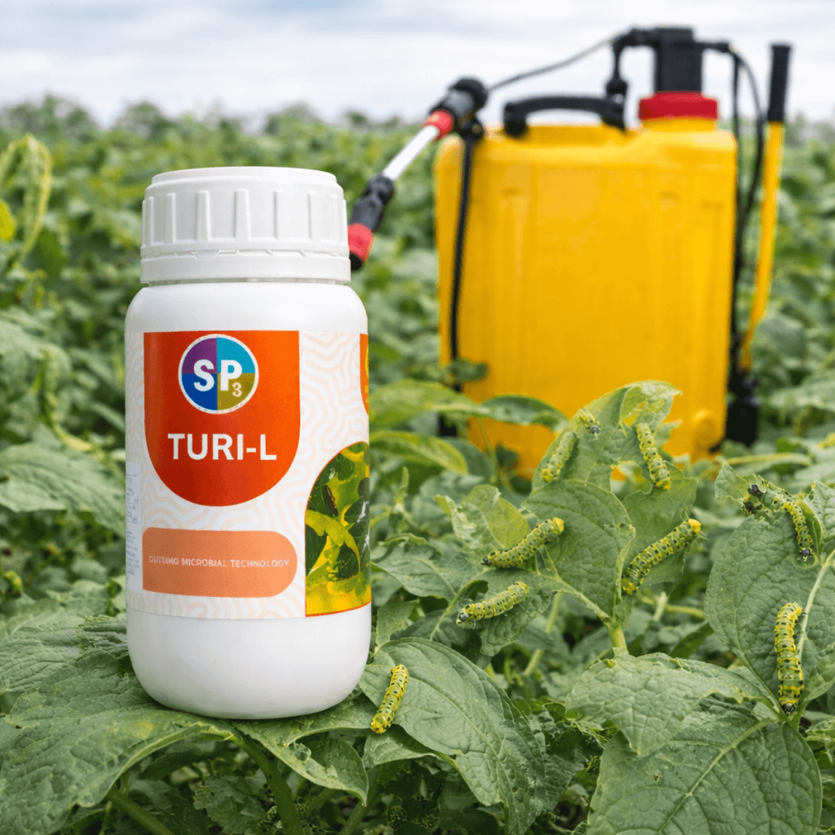 Aplicación de Bacillus Thuringiensis Turi L con pulverizador en cultivo agrícola